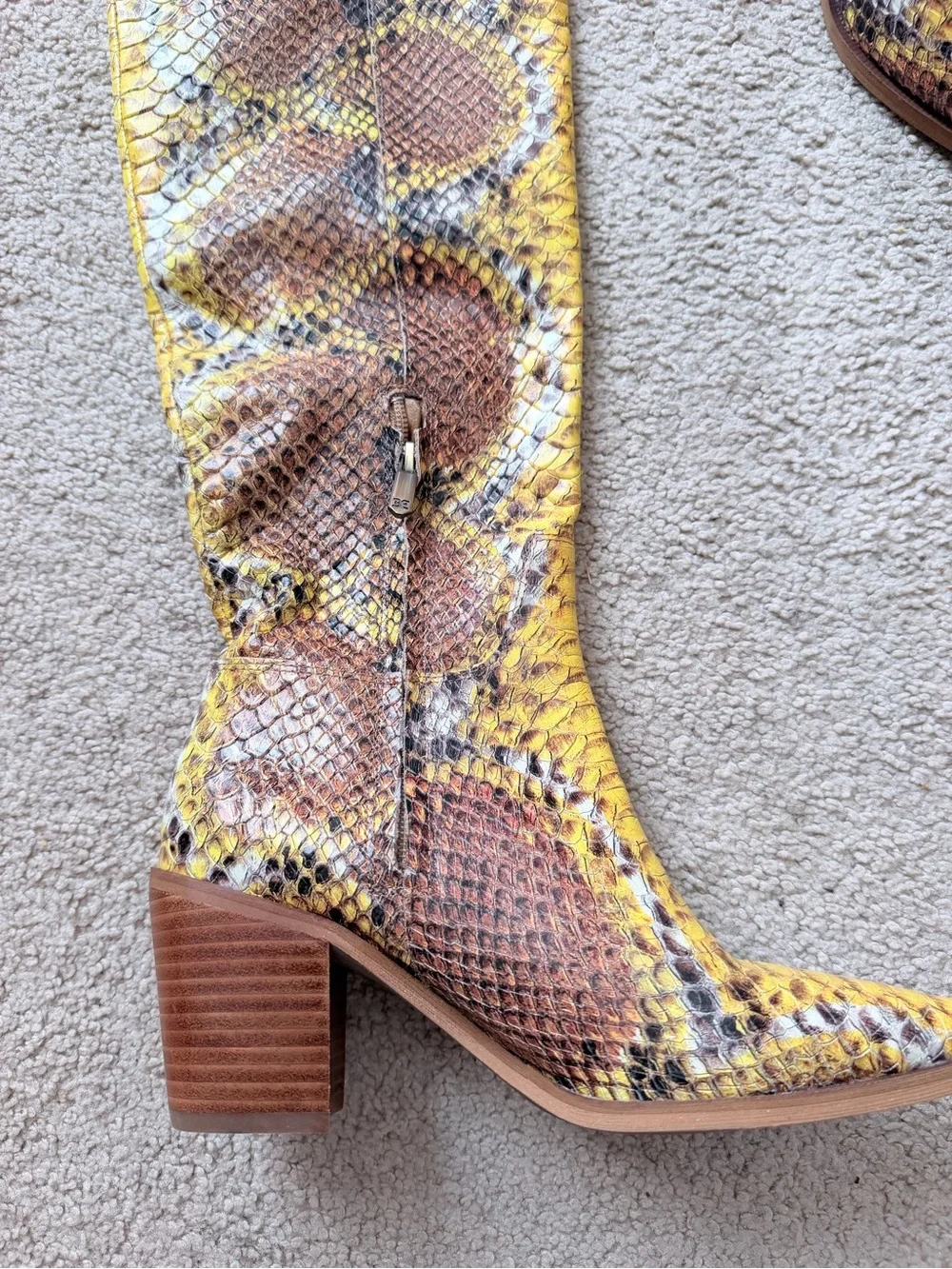 Sam Edelman Lindsey Yellow Knee-High Snake-Print Embossed Leather Upper Boot 6.5